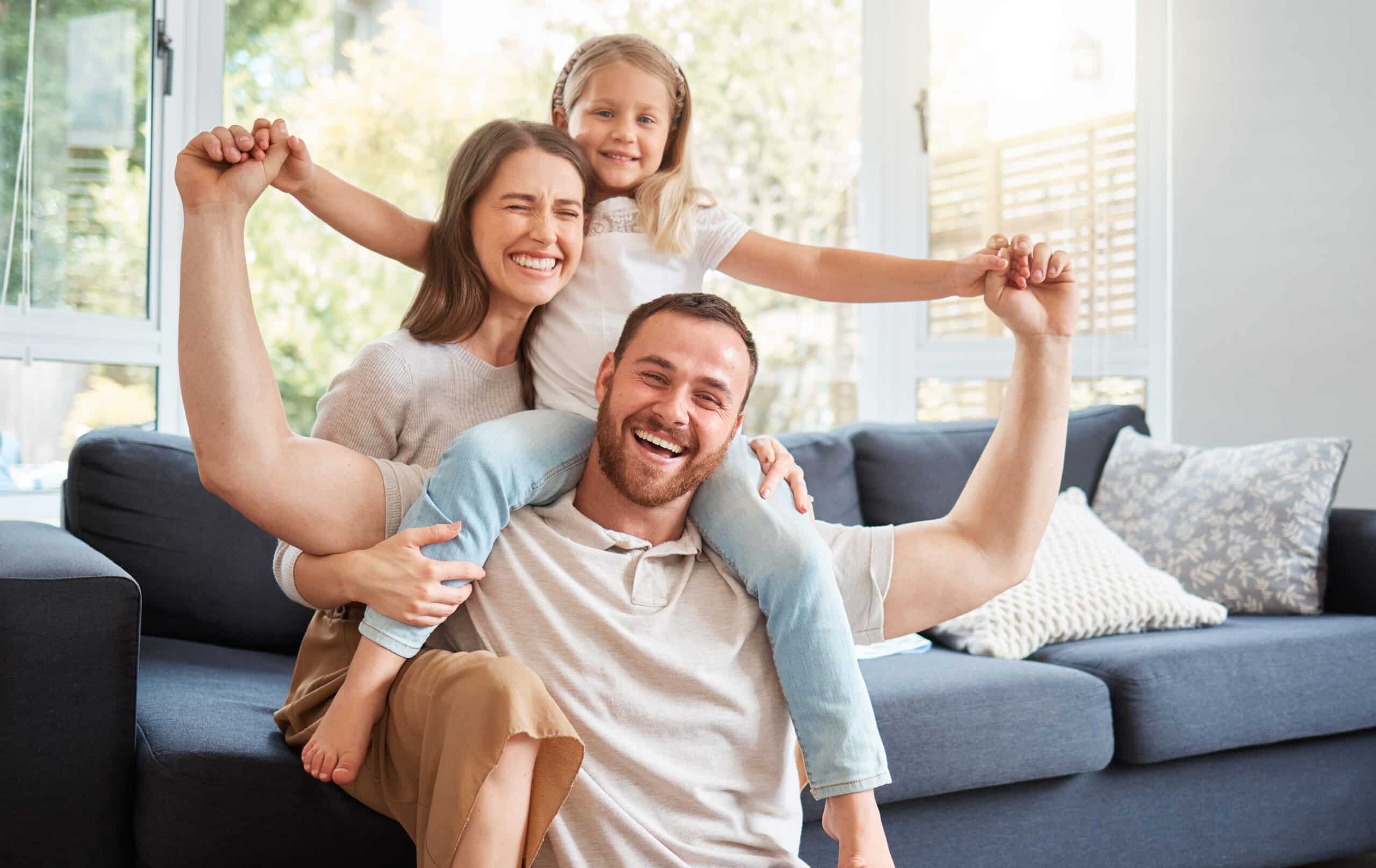 Smile,,Family,And,Portrait,On,Shoulder,By,Sofa,For,Weekend