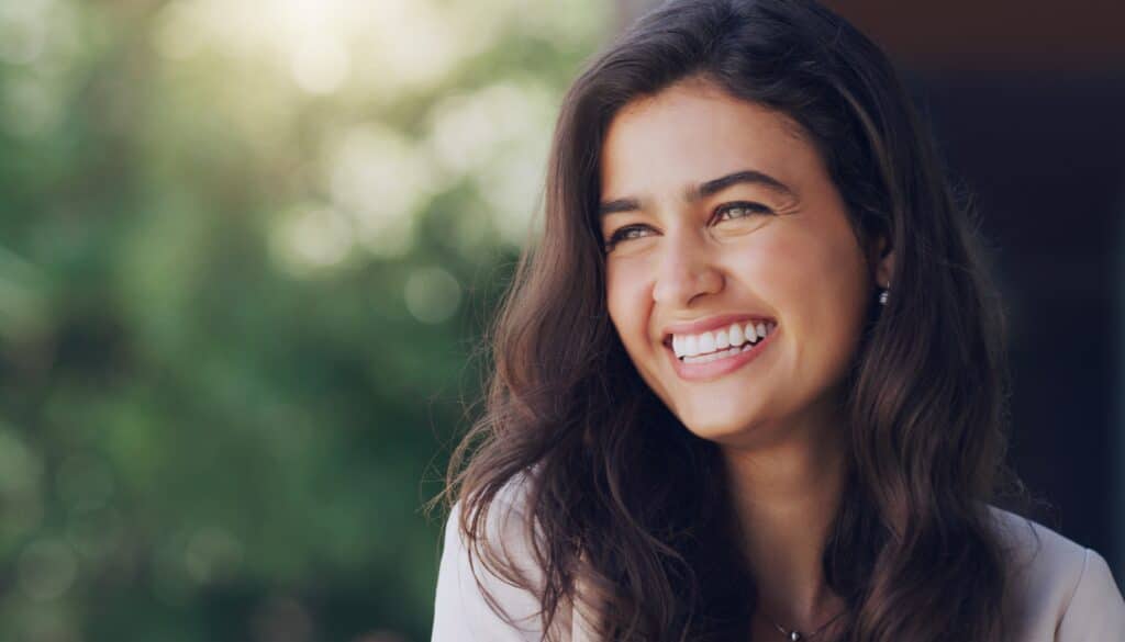 Happy,,Woman,And,Face,In,Nature,For,Thinking,,Positive,Mindset