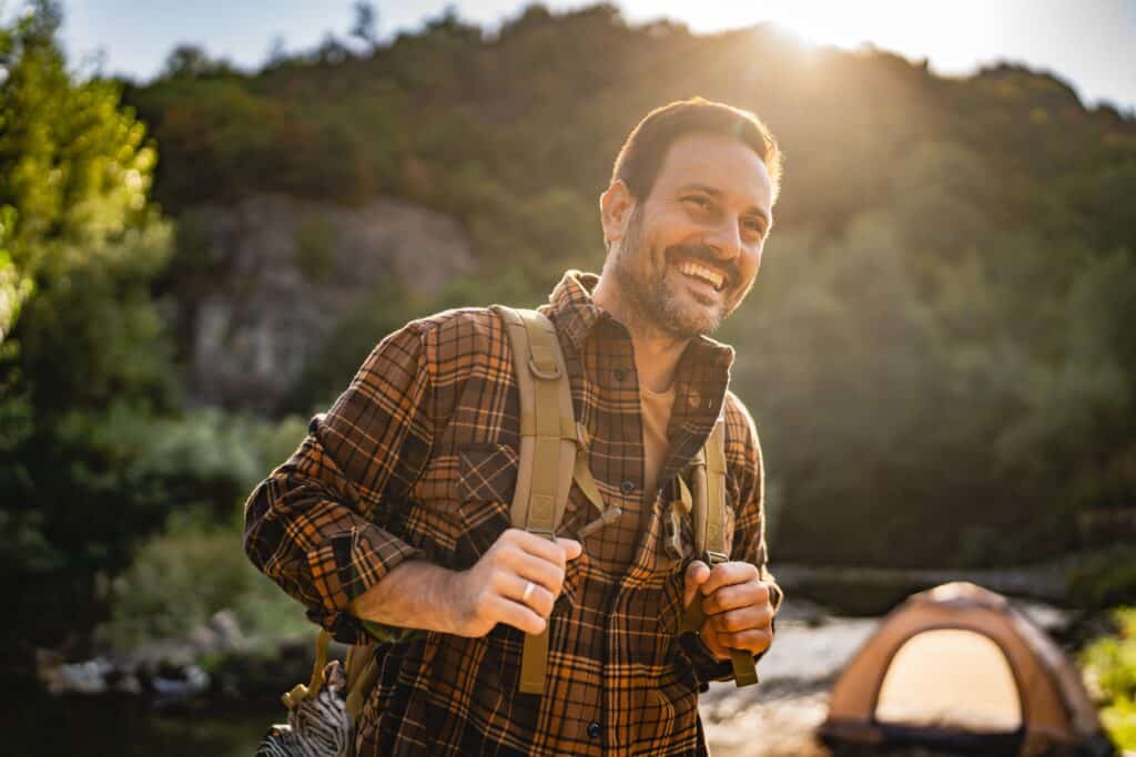 Adult,Man,Hiker,Wearing,A,Large,Backpack,On,A,Camping