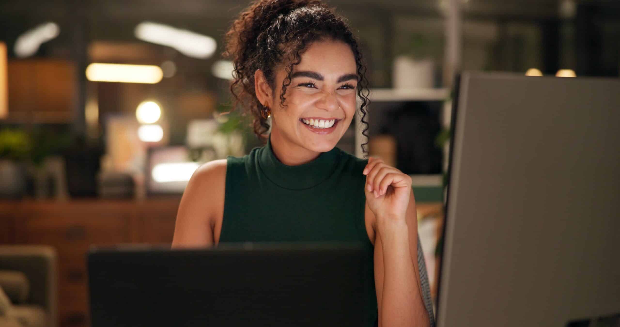 Happy,,Computer,And,Success,With,Business,Woman,In,Office,For