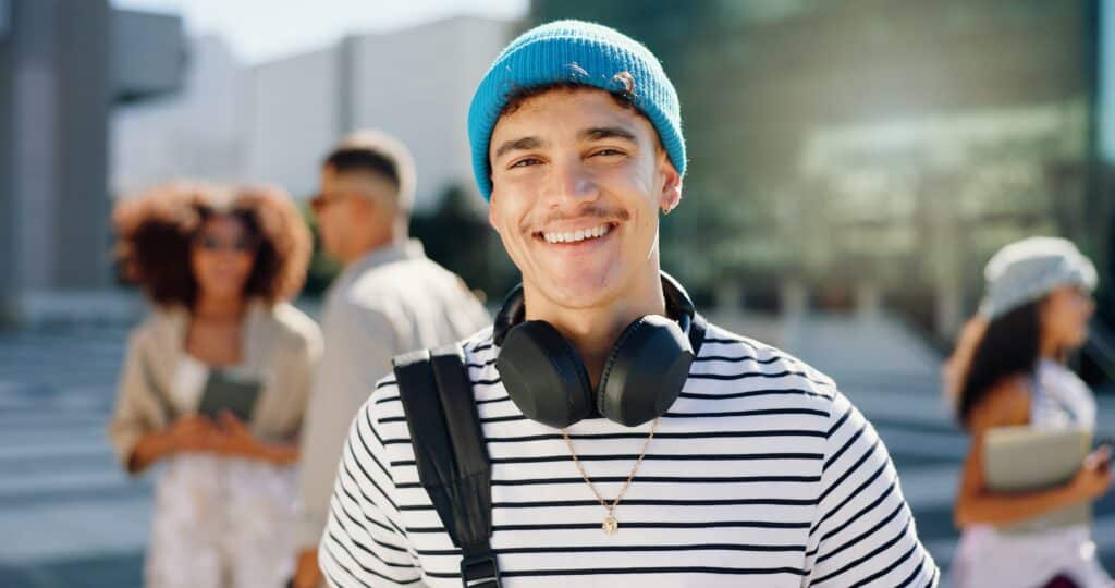 Headphones,,Student,And,Portrait,Of,Happy,Man,In,City,For